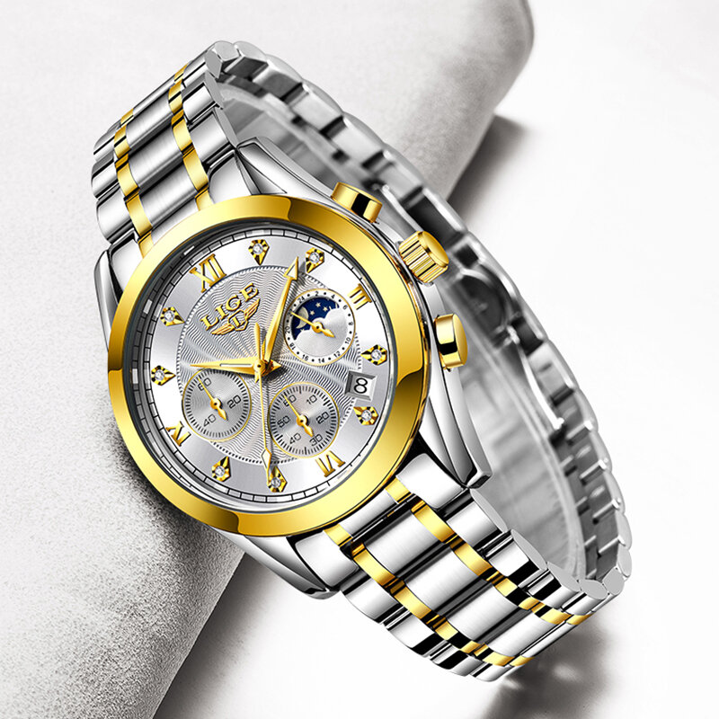 Lige moda feminina relógios senhoras marca de luxo aço inoxidável calendário esporte relógio quartzo feminino à prova dwaterproof água relógio montre femme
