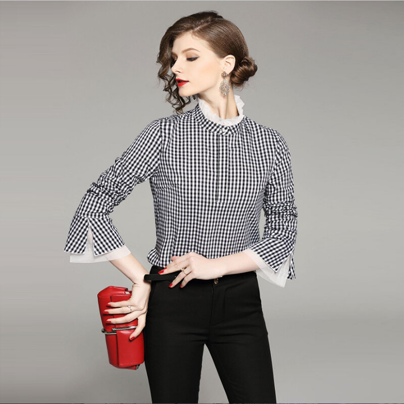 新しい女性のシャツ2021ファッショントランペットスリーブトップとフリル襟メッシュパネル格子シャツ