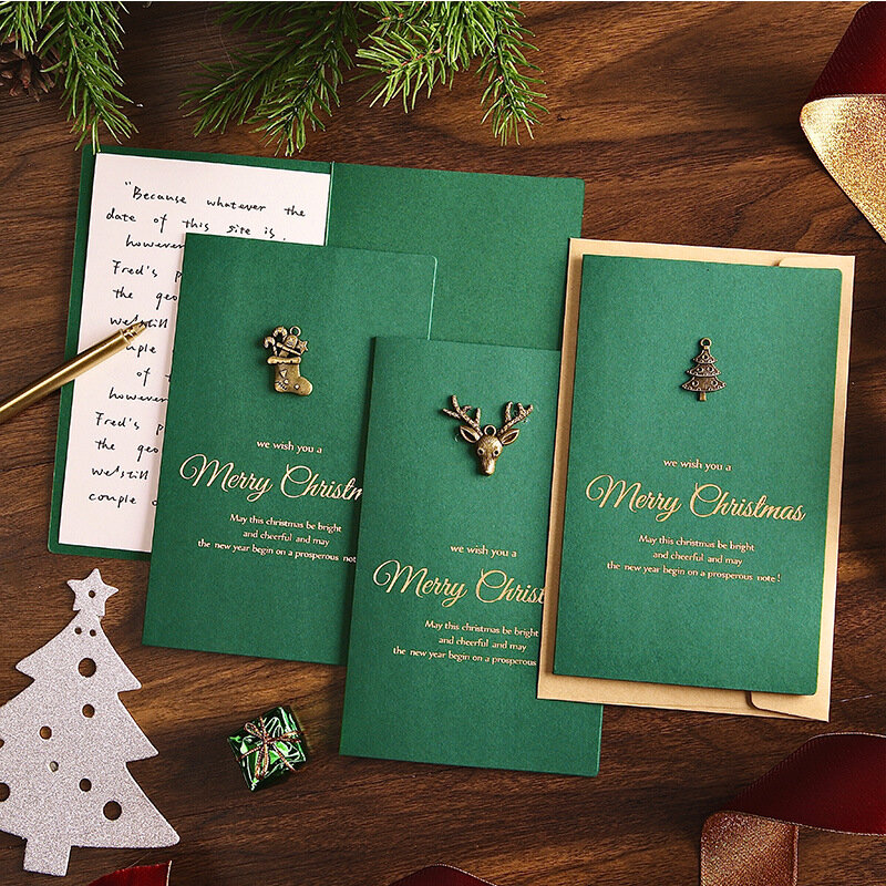 Tarjeta de felicitación de Navidad de bronce Vintage, tarjetas modernas de simplicidad Retro con sobre, tarjeta de Día de Acción de Gracias, Feliz Navidad 2021