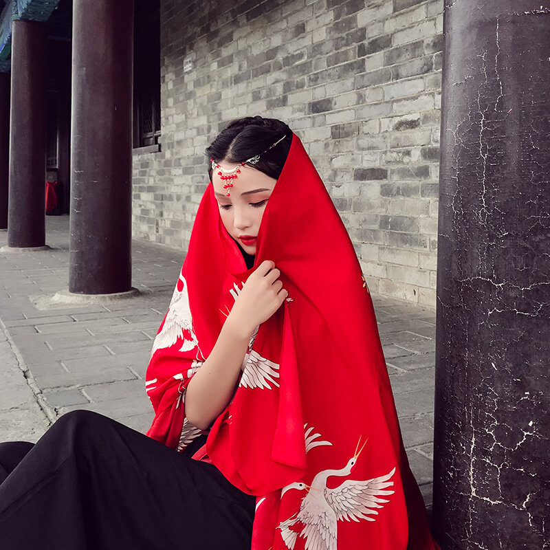 Foulard rouge imprimé grue pour femmes, Style ethnique, en coton, doux, haut de gamme, châle de protection solaire, mince, dames, écharpe élégante, vente en gros