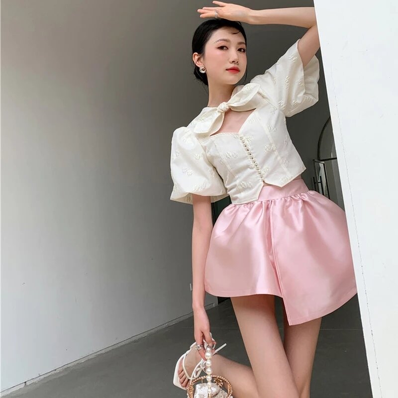 Summer Elegant Temperament Ball Gown Skirt Sweet Solid High Waist Asymmetrical Woman Skirts 2021 New Fashion Aesthetic Jupe