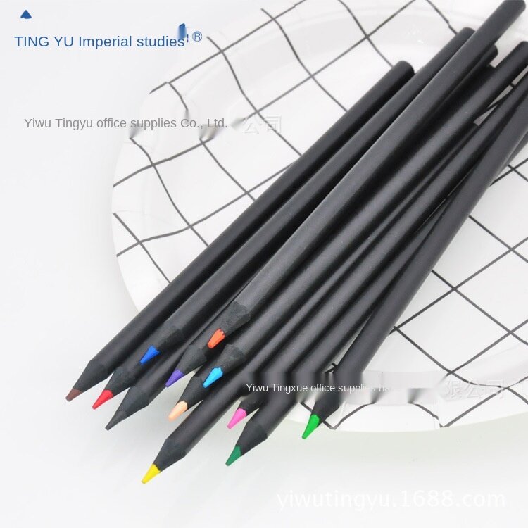 12 pçs lápis de madeira colorida lápis de cor de madeira preta da pele upscale de madeira ponto lápis de cor de madeira preta conjunto de suprimentos escolares conjuntos