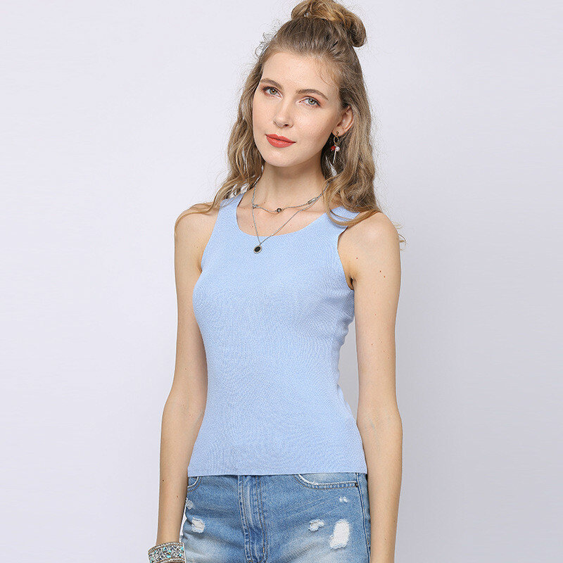 yarn camisole female summer solid knitted round collar vest large size