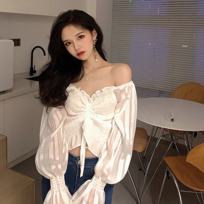 2021 Spring NewTrendsetter Hall off-Shoulder Bell Sleeve off-Shoulder Drawstring Pleated Chiffon Blouse Top