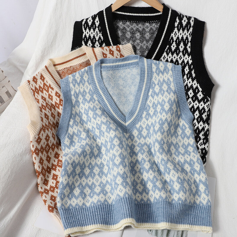 2020 Fashion Casual Tank Tops Pullover Elasticity Sweater Autumn Winter Women Sleeveless V-Neck  plaid Knitted Vest Tops  jumper