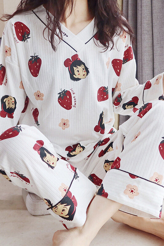 Pyjama en pur coton à manches longues pour femmes, joli costume deux pièces coréen, vêtements de maison pouvant être portés en été, printemps et hiver