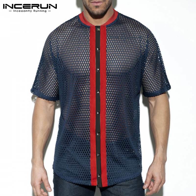 INCERUN topy 2021 nowa męska bluzka casualowe w stylu Streetwear pasiaste koszulki Mesh wokół szyi wygodne guziki modne koszule S-5XL