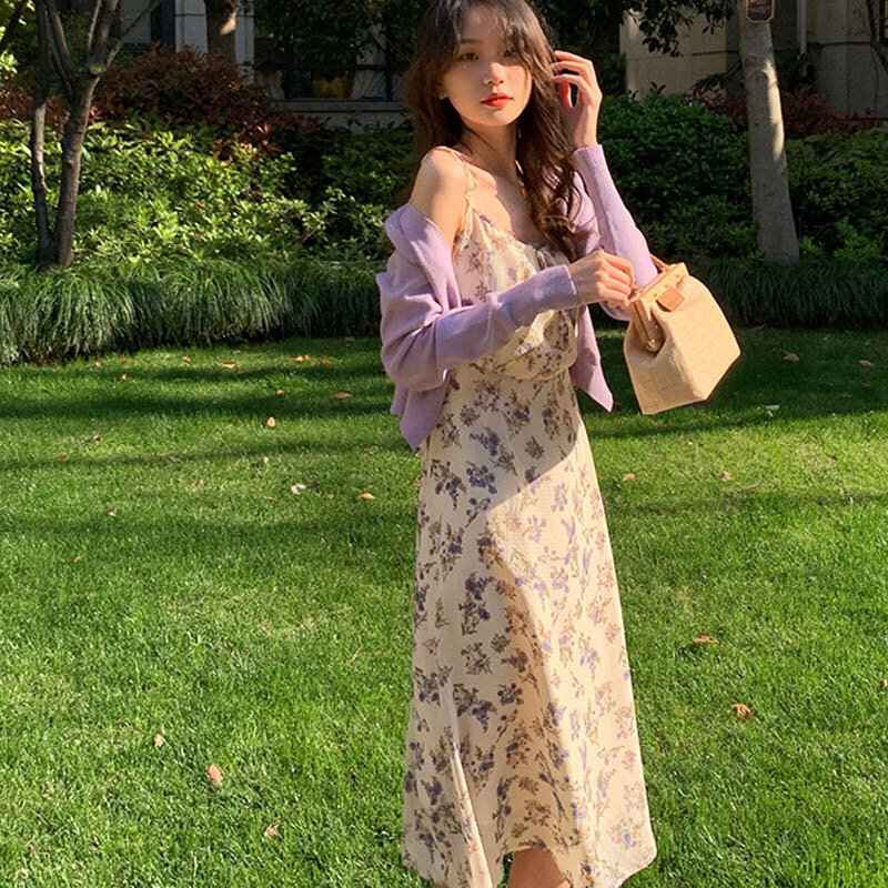Korean Elegante Süße Blumen Schlinge Midi Kleid Weibliche Design Strand Vintage Französisch Glockenblume Tee Brechen Spitze-Up Kleid 2021 sommer