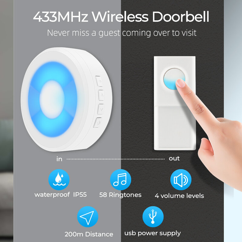 Timbre de puerta inalámbrico inteligente para el hogar, timbre de puerta alimentado por USB, 4 modos, 58 música, botón de llamada ajustable, 433MHz, IP55, resistente al agua