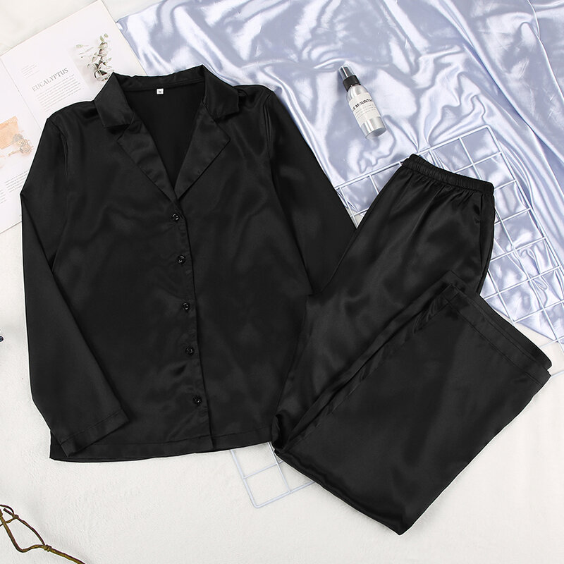 HiLoc เสื้อแขนยาวสีดำสำหรับสตรีชุดนอนซาตินชุดนอน2021 Solid Basic 2ชิ้นชุด Top และกางเกงฤดูใบไม้ผลิ Pjs