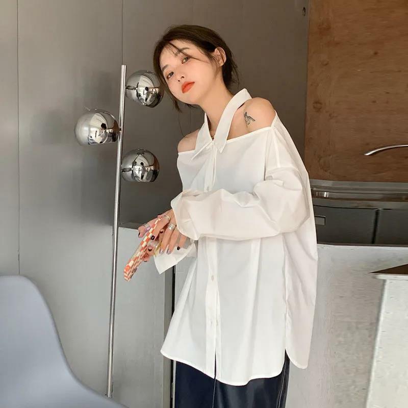 Branco cabresto camisas femininas novo design manga comprida blusas primavera outono francês fora do ombro topos feminino