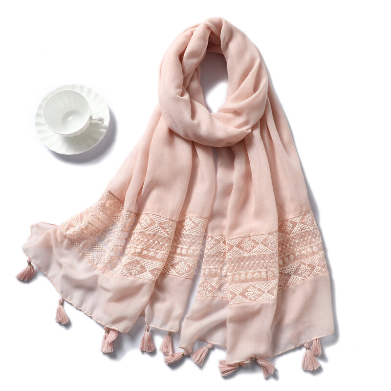 Foulard Hijab en coton ajouré pour femmes, châle enveloppant des glands doux, Pashmina musulman, bandeau Turban