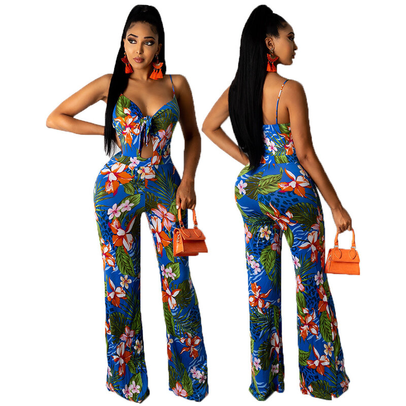 2022 Summer Women Jumpsuit Print Sleeveless Strap V-neck Bandage Hollow Out Stretchy Wide Leg Jumpsuits Sexy Fashion Outfit
