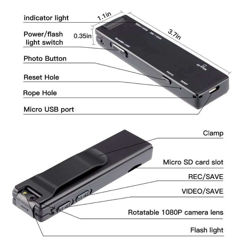 Minicámara HD Digital con linterna, Micro cámara magnética corporal, detección de movimiento, videocámara de grabación instantánea en bucle