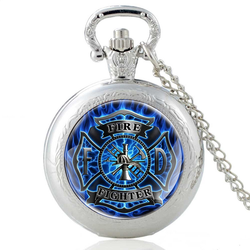 Vintage Blue Firefighter Pocket Watch Bronze Reto Men Women Pendant Necklace Jewelry Gifts