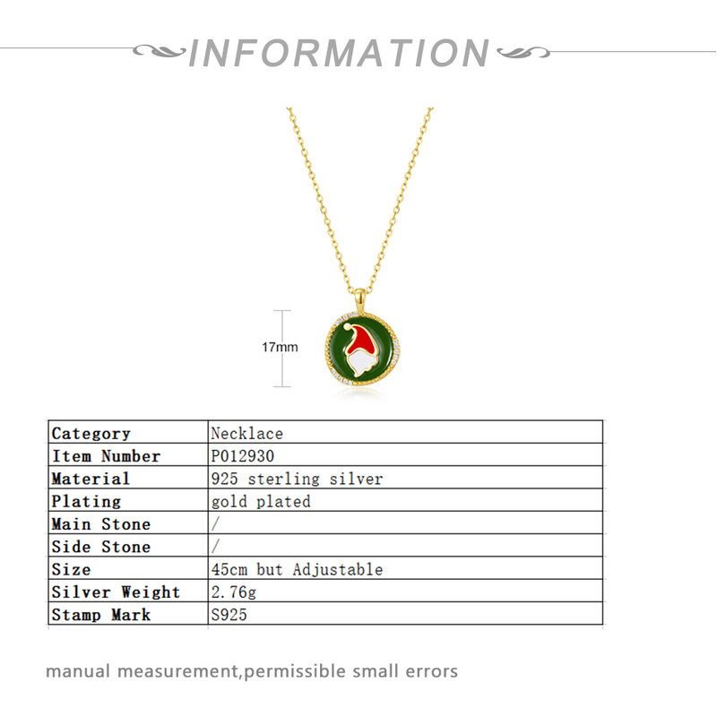 ALLNOEL سانتا كلوز المينا 925 فضة قلادة قلادة للنساء غير النظامية دائرة هدايا عيد الميلاد مجوهرات الذهب الطرف