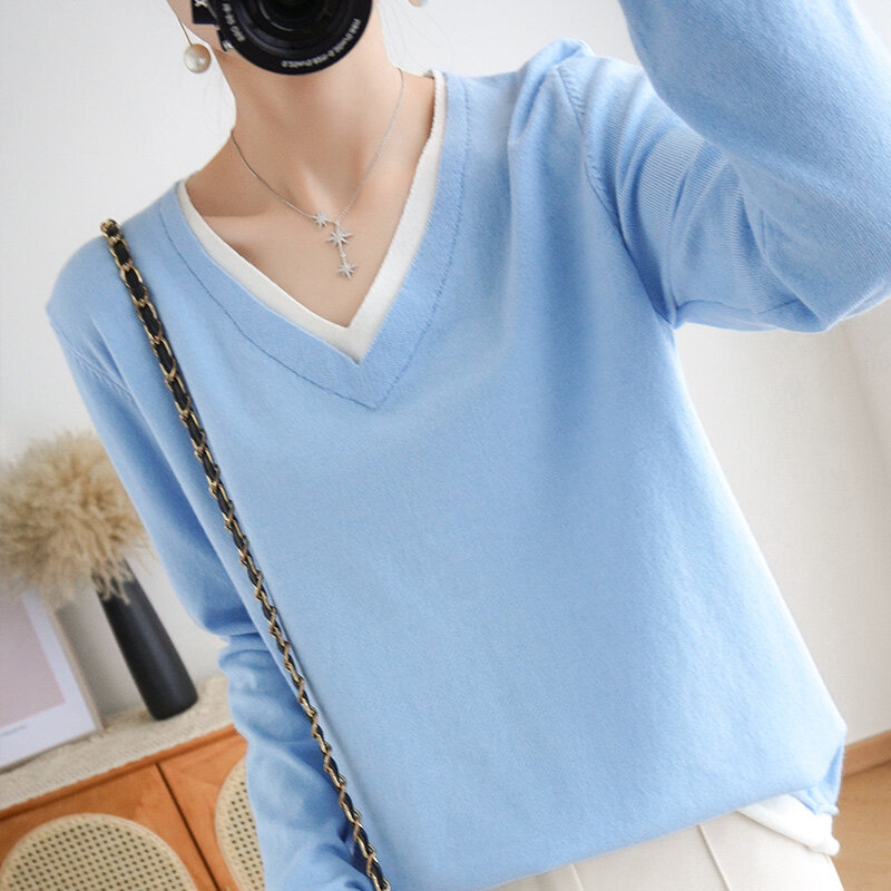 Autumn and winter new fake two-piece pullover long-sleeved sweater women's V-neck pullover sweater casual bottoming shirt