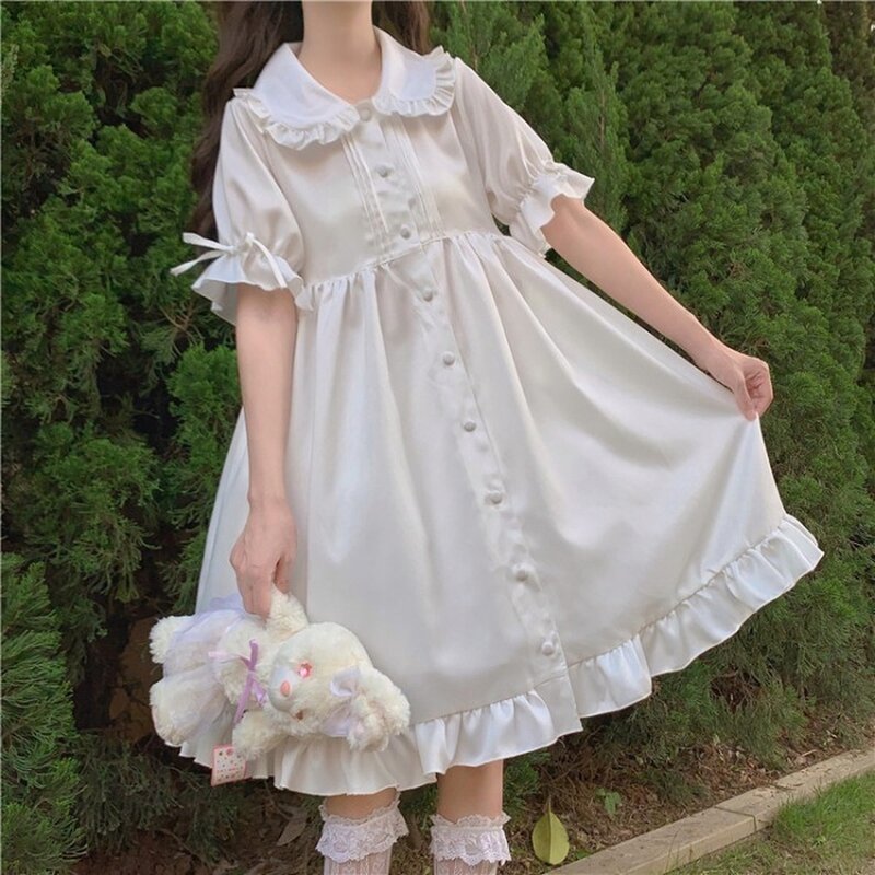 Soft Girl Aesthetic Clothes Kawaii Daily Japanese Sweet Retro Vintage Doll Collar Kawaii Gothic Lolita Op Loli Cos White Dress