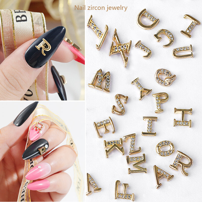 Letras de A-Z de lujo de calidad, diamantes de imitación de cristal de circón para decoración de uñas de aleación de oro, adornos de joyería de moda, 1 pieza