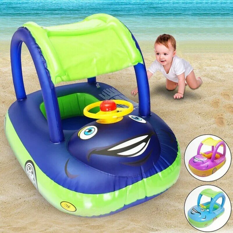 Anel de natação do bebê barco criança crianças assento inflável flutuante verão dos desenhos animados carro toldo toldo segurança volante brinquedo