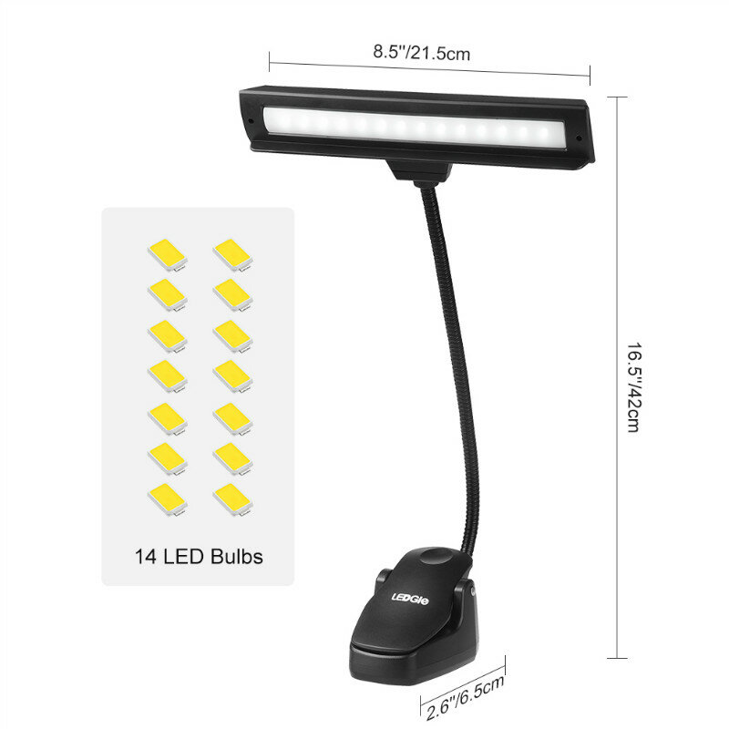 LEDGLE-Luz LED de lectura recargable para música, 14LED, Clip USB, lámpara de mesa, linterna de escritorio Flexible para regalo de músico