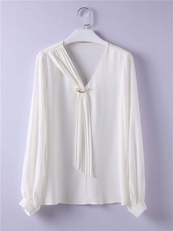 Blusa holgada de chifón para Mujer, camisa de manga larga con lazo amarillo, color blanco, Vintage, elegante, Primavera, 2022