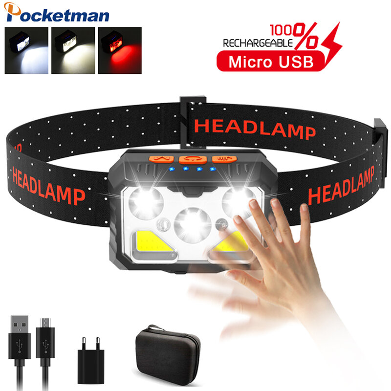 Powerful LED Headlamp Sensor Headlight USB Rechargeable Head Lamp Waterproof Head Torch Lantern for Camping Fishing Lamp