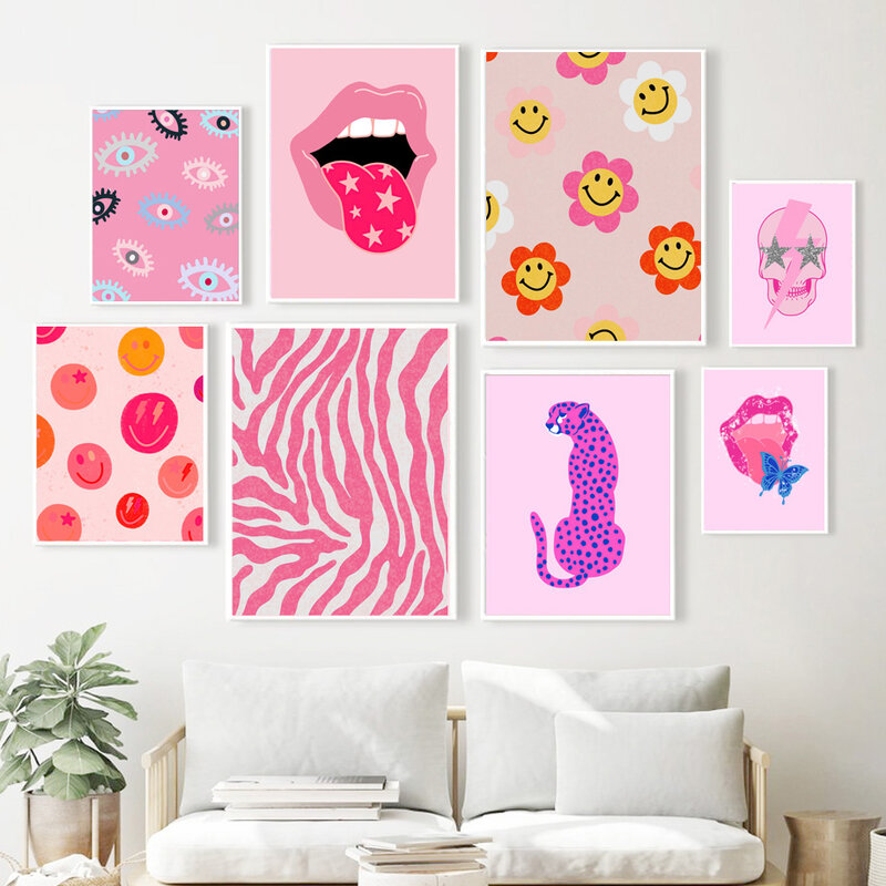 Pink Leopard Cheetah Wall Home Decor Preppy Bed Room Art Print Poster Modern Smile Lips Eyes Canvas Painting Dorm Wall Pictures