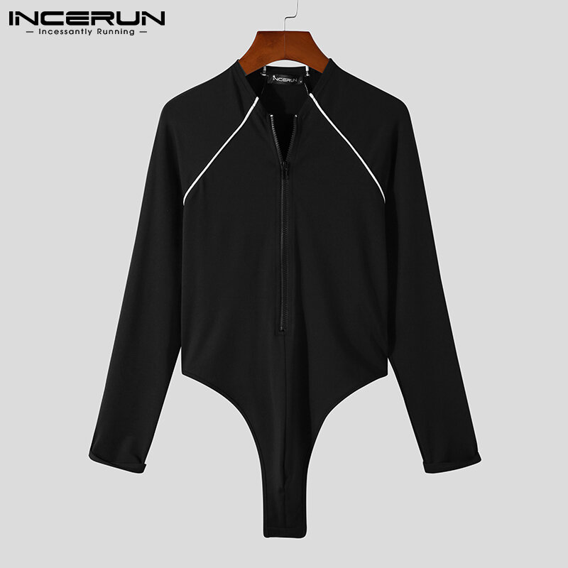 Tops 2022เสื้อใหม่ผู้ชายลาย Jumpsuit Homewear สบายยืดด้านหน้า Zipper บอดี้สูทแขนยาวสามเหลี่ยม Rompers S-5XL INCERUN
