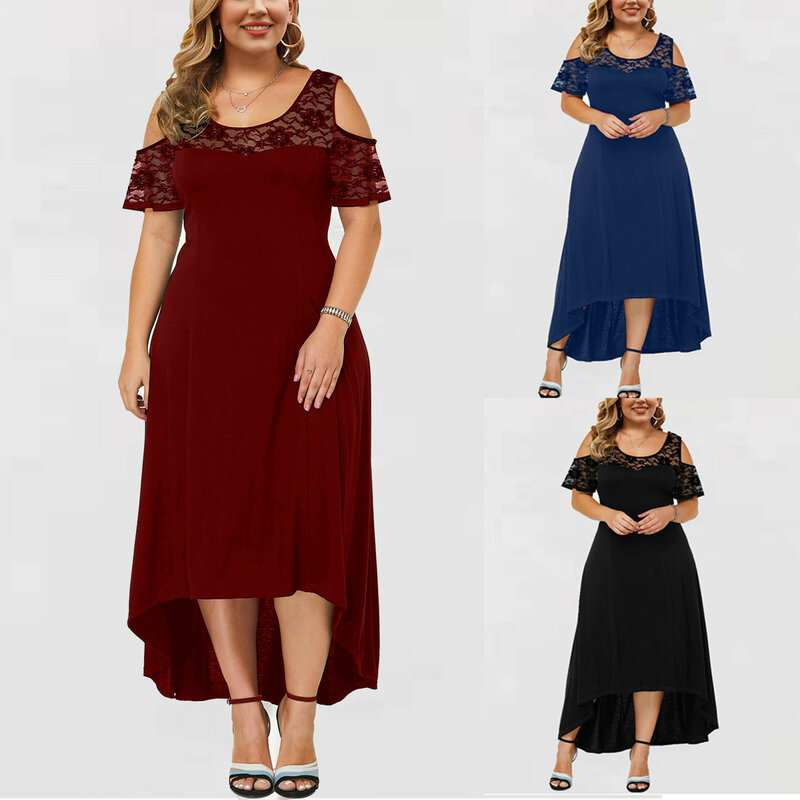 Plus Size Dress For Women Sexy O-Neck Strapless Draw Back Lace Splicing Short Sleeve Dress free shipping