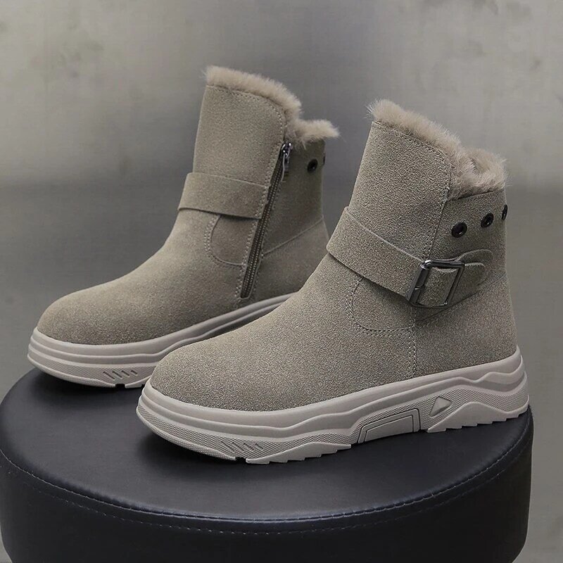 Retro Winter Laarzen Voor Vrouwen Bont Ankle Snowboots Vrouwen 2021 Nieuwe Kaki Zwart Winter Schoenen Vrouwelijke Designer Warm Korte laarzen