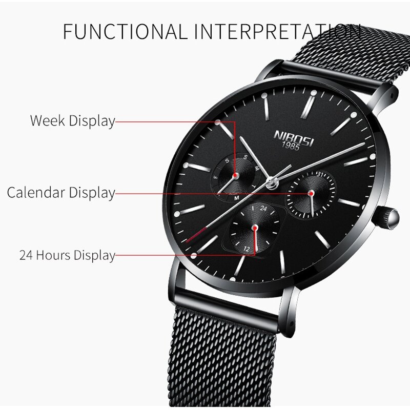 NIBOSI-Reloj de pulsera minimalista para hombre, de malla fina, resistente al agua, deportivo, de cuarzo, ultrafino