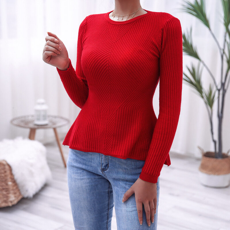 Musim Gugur Slim O Leher Lengan Panjang Sweater untuk Wanita Musim Dingin Kasual Rajutan Tops Wanita Solid Hem Ruffle Sweater Rajut