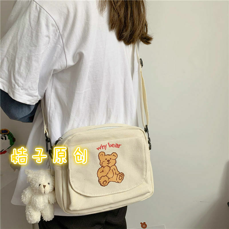 Luksusowa płócienna torba na ramię koreańska, z zamkiem błyskawicznym kobiety Messenger torby projektant kobiet niedźwiedź torba kobieta prosta torebka śliczny nadruk Tote