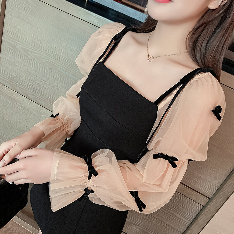 Hebe&Eos 2021 Autumn Elegant Party Mini Dress Long Sleeve Patchwok Mesh Bow Sweet Girls Korea Dress Short Black Vintage Dress