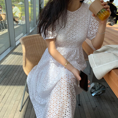 2020 Summer Korean Elegant Women Long Dress Short Sleeve O-neck Hollow Out Party Office Fashion Ladies Vestidos Dresses Femme