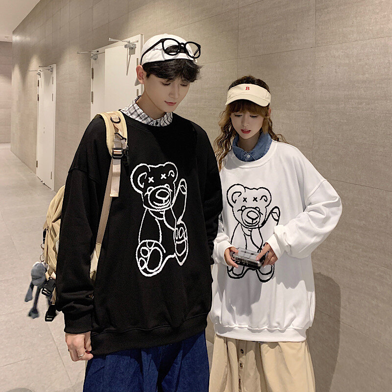 Sweter Bertudung Wanita Beruang Lucu Baru Korea Atasan Streetwear Longgar Retro Kawaii Leher-o Kasual Harajuku Pakaian Pasangan Baru Y2k
