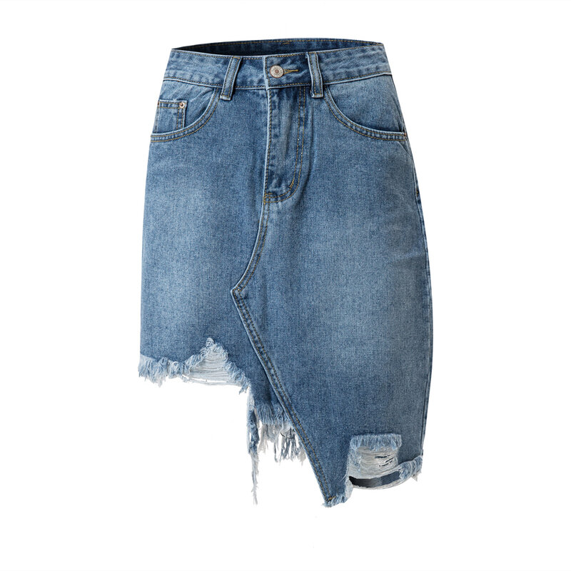 Escritório senhora primavera verão saias femininas estiramento irregular desgastado hem mini jeans saia jeans sexy saia curta saia saia
