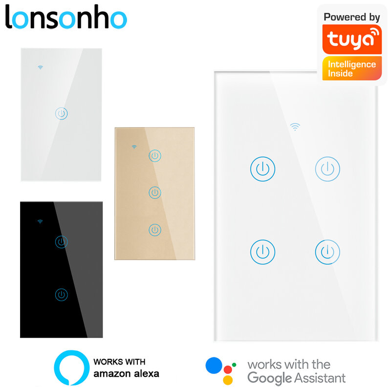 Lonsonho Tuya WiFi Smart Switch US 1 2 3 4 Gang Wireless Remote Control Wall Light Touch Switches Compatible Alexa Google Home