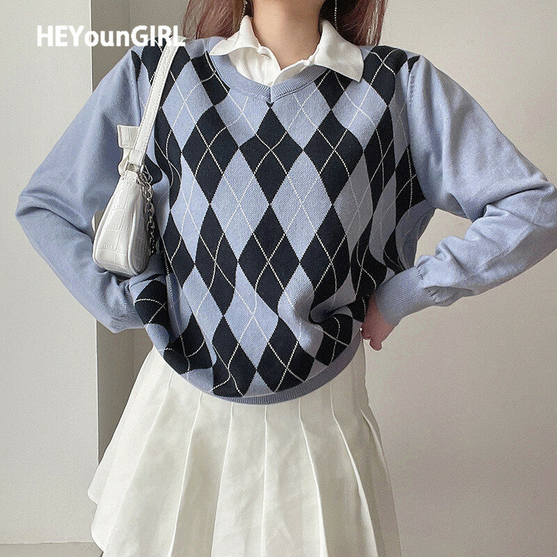 HEYounGIRL White Casual Plaid Argyle Sweater Ladies Y2K Preppy Style Vinage Knit Jumper Women Antumn Winter Pullover Knitwear