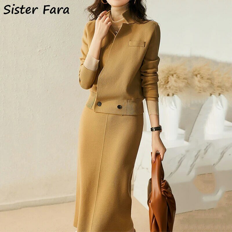 Sister Fara-suéter de punto para mujer, abrigo de punto, pantalones de piernas anchas, media falda, traje de punto de lana de dos piezas, primavera y otoño