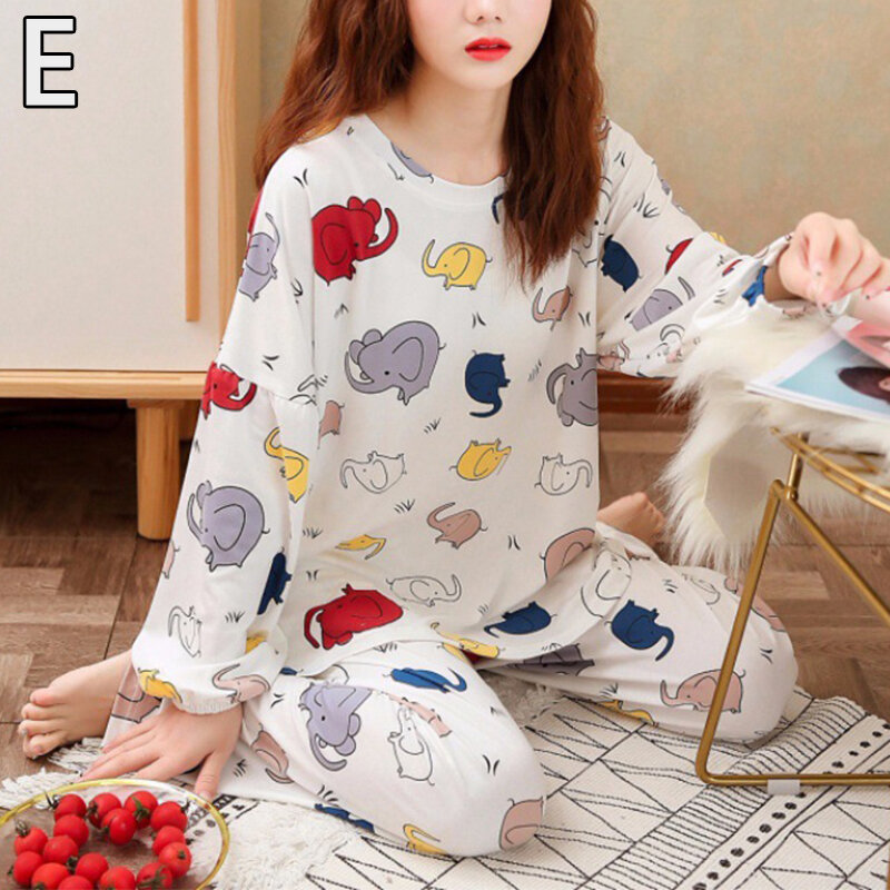 Womens Pajamas Cute Cotton Print Long Sleeve Sleepwear Pullover Trouser Suits Pijama Set Comfortable Girl Homewear Home Clothes
