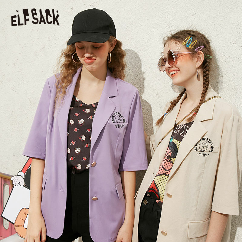 ELFSACK สีม่วงการ์ตูนพิมพ์เดี่ยวเกาหลีผู้หญิง Blazer เสื้อแจ็คเก็ต 2020 ฤดูร้อน ELF Beige Causal สตรีนิยม OVERSIZE Outwear