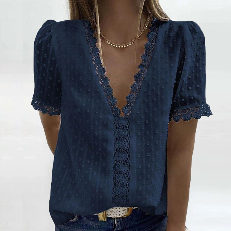 3XL 섹시한 v 넥 레이스 셔츠 블라우스 봄 여름 짧은 소매 숙녀 셔츠 캐주얼 여성 솔리드 풀오버 탑스 Blusa Streetwear