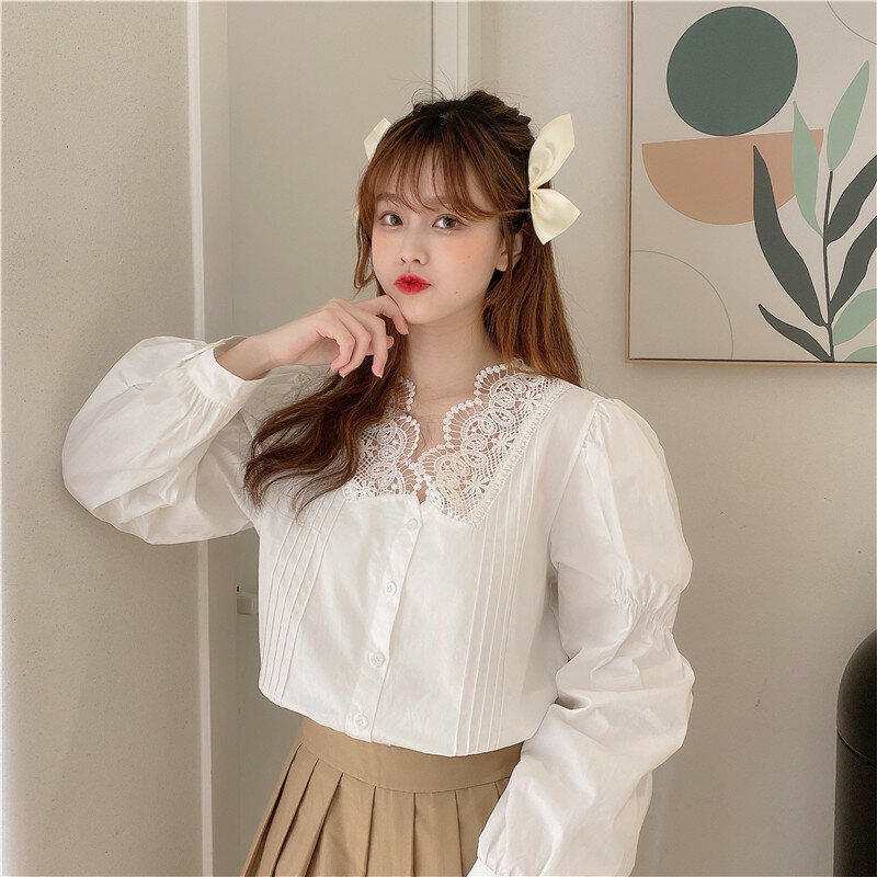 Blusa holgada de algodón con cuello en V para mujer, camisa de manga larga color liso con encaje cosido para chica joven, color blanco, 880D