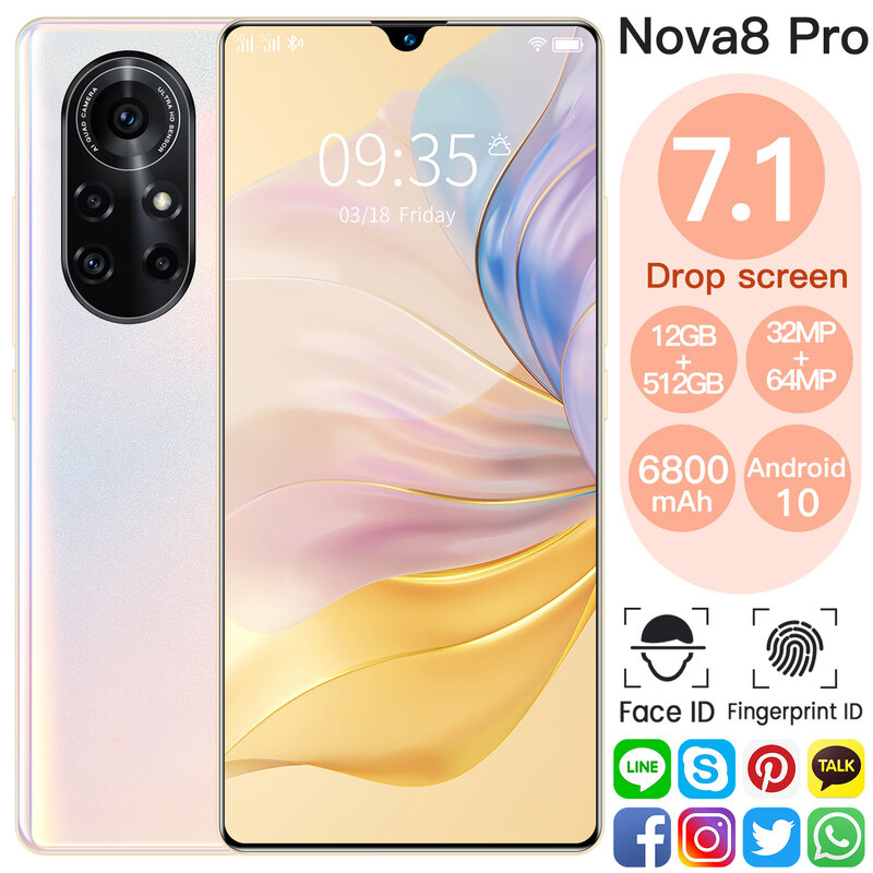 Smartphone Nova8 Pro versione globale da 7.1 pollici telefono Dual Sim12GB 512GB ROM MTK6595 Android10.0 Deca Core Dual SIM cellulare