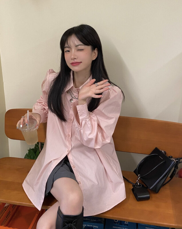Bluzki damskie francuska różowa koszula z długim rękawem kobiece wzornictwo poczucie wczesnej jesienna koszula 2021 nowy koreański słodki Top