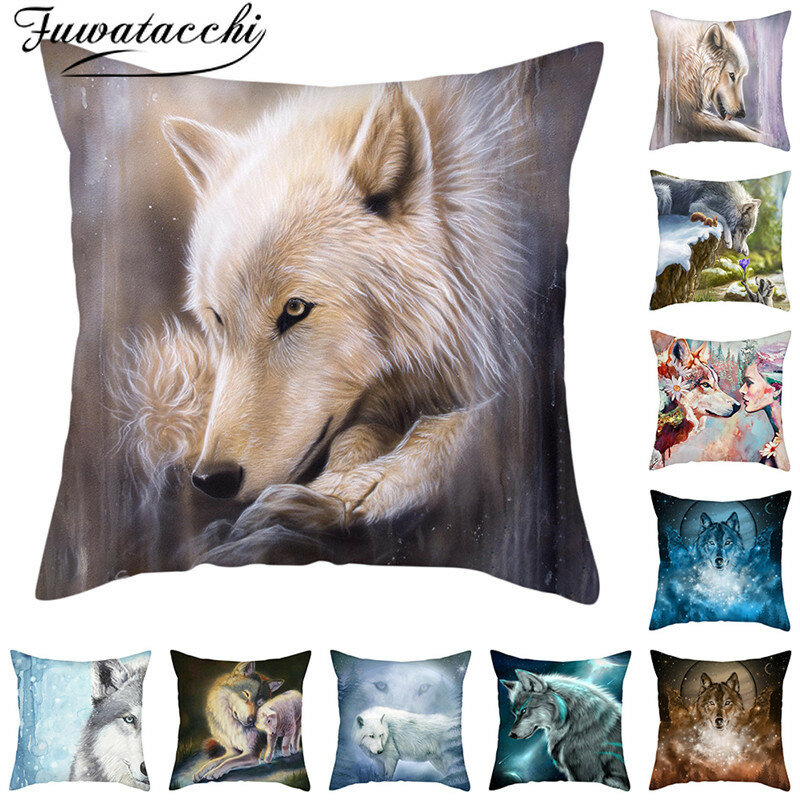 Fuwatacchi animais selvagens foto fronha capa de almofada gregarious lobo novo impresso jogar fronha para casa sofá decorações