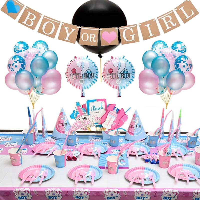 Baby Shower płeć odsłonić strona dekoracji chłopiec lub dziewczyna Banner jednorazowe zastawy stołowe lateksowe balon zdjęcie Prop dostarcza prezent dla dziecka