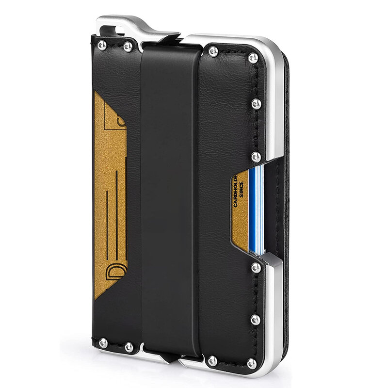 Luxo titular do cartão de crédito minimalista rfid bloqueio caixa de cartão de banco inteligente automático pop-up retro tático carteira de couro